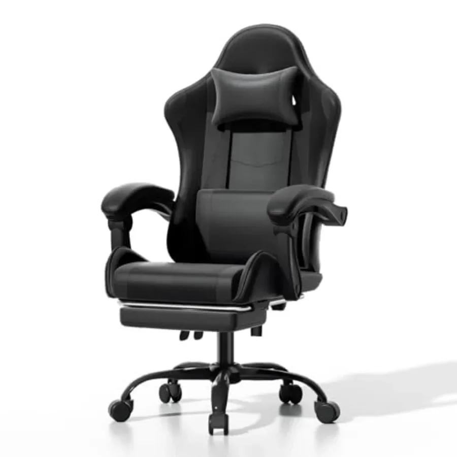 Ergonomic Office Chair - เก้าอี้เกมมิ่งตามหลักสรีรศาสตร์ พร้อมที่พักเท้า เหมาะสำหรับใช้ในบ้านหรือสำนักงาน พนักพิงตาข่ายและเบาะนั่งหนัง PU สีดำ