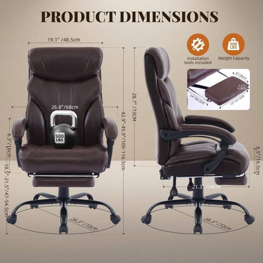 Ergonomic Office Chair - เก้าอี้สำนักงาน, เก้าอี้คอมพิวเตอร์พนักพิงสูง, เก้าอี้สำนักงานตามหลักสรีรศาสตร์ หุ้มหนัง PU พร้อมที่พักแขนแบบพับได้,